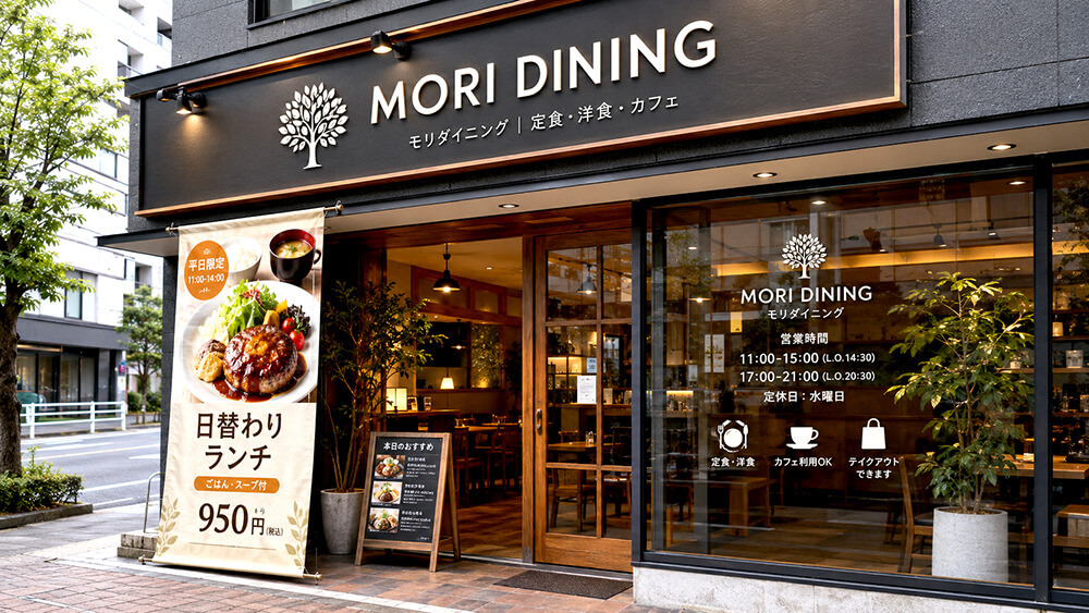 飲食店のファサード看板と店頭幕