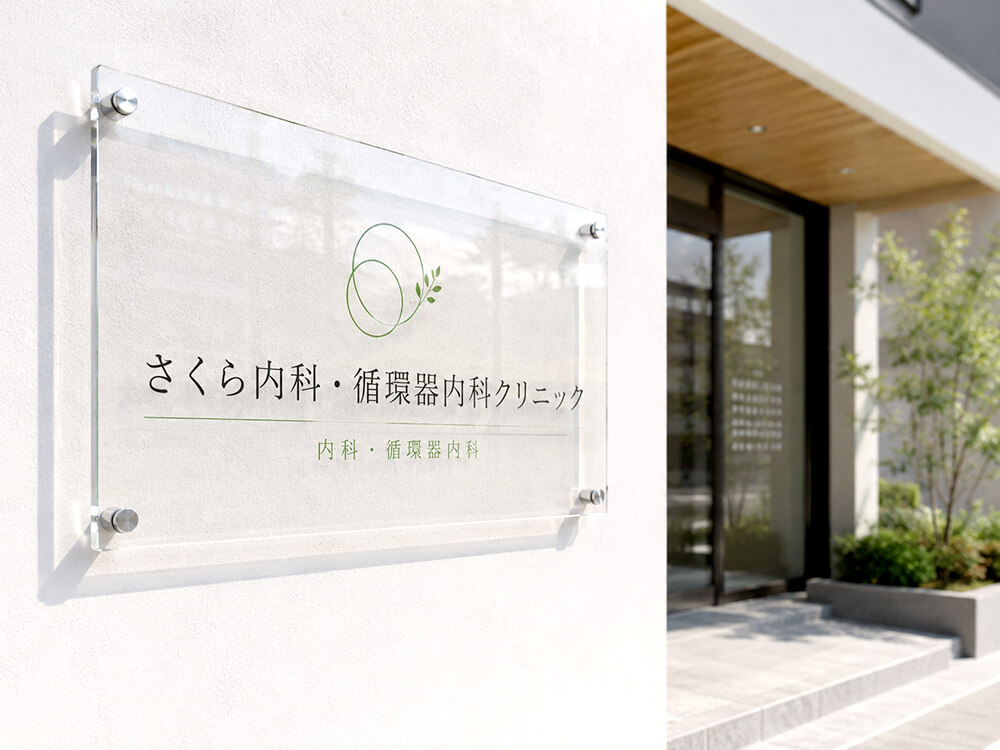 白壁のクリニック入口に取り付けられた透明アクリル看板。清潔感と透明感のある上品な店舗サインの事例