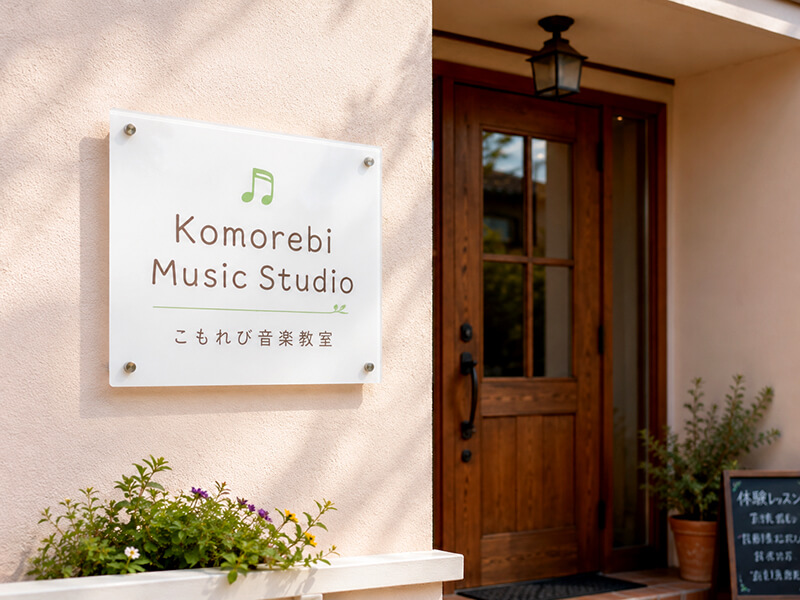 白アクリル看板を掲げた音楽教室の入口。親しみやすい事例