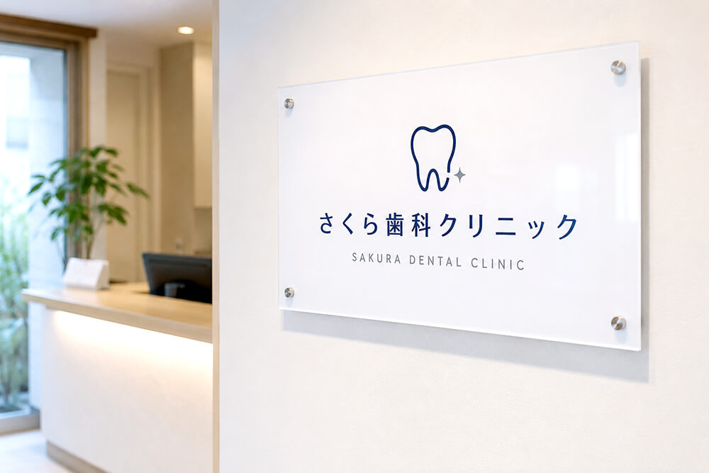 白アクリル看板を掲げた歯科医院の受付。明るく清潔な印象を与える店舗サインの事例