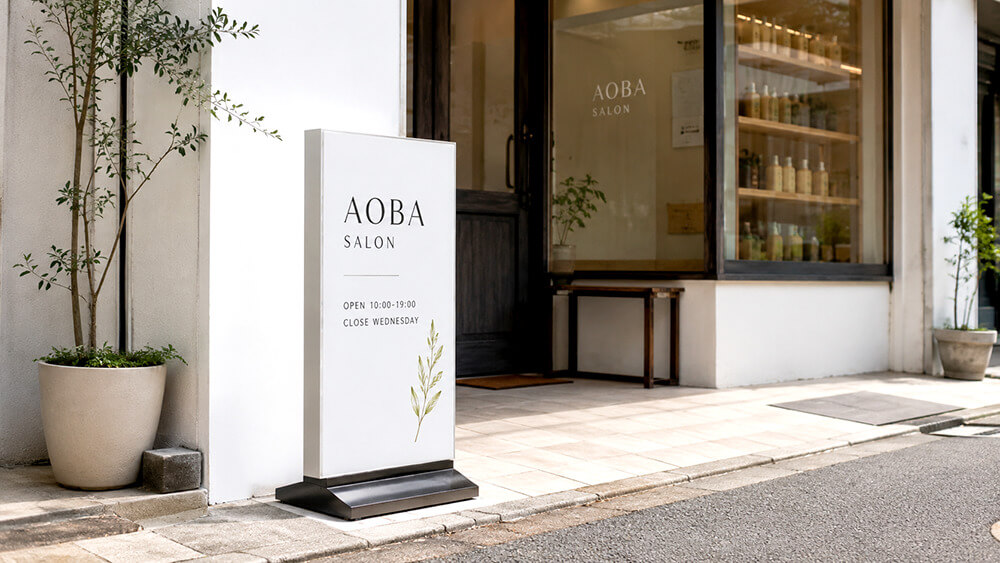 店舗入口前に設置された自立看板の設置例