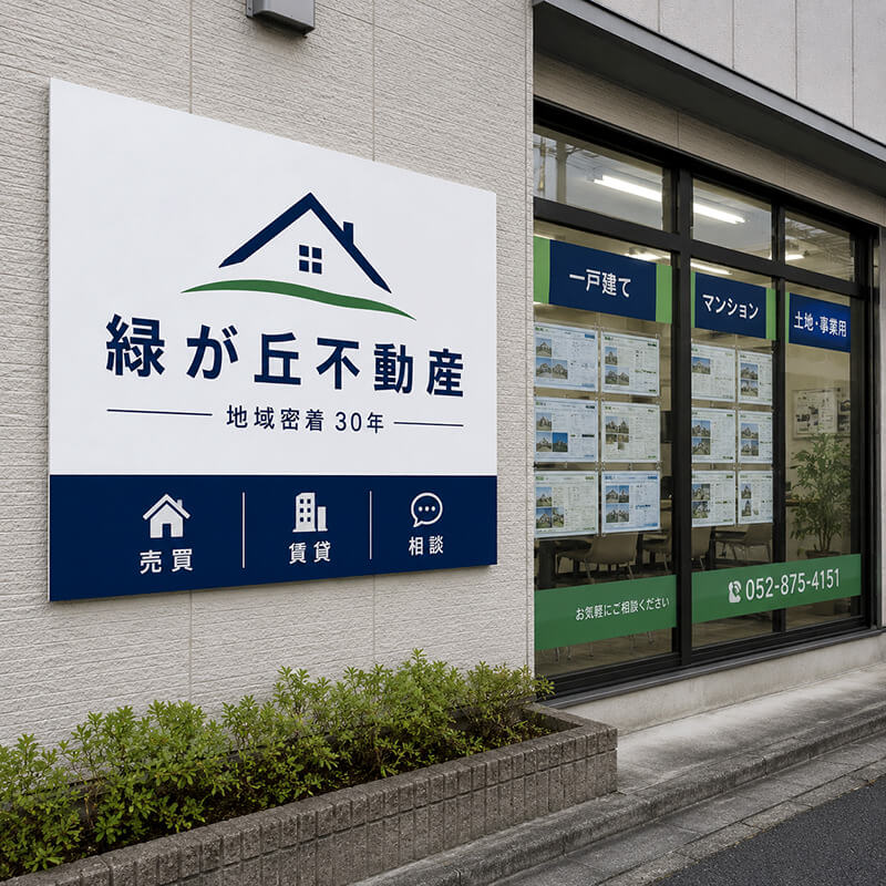 緑が丘不動産のプレート看板。ロゴと社名をネイビーと緑でデザイン