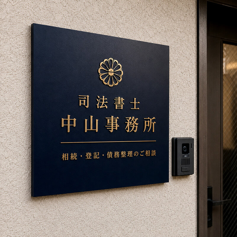 司法書士 中山事務所のプレート看板。濃紺地に金色文字