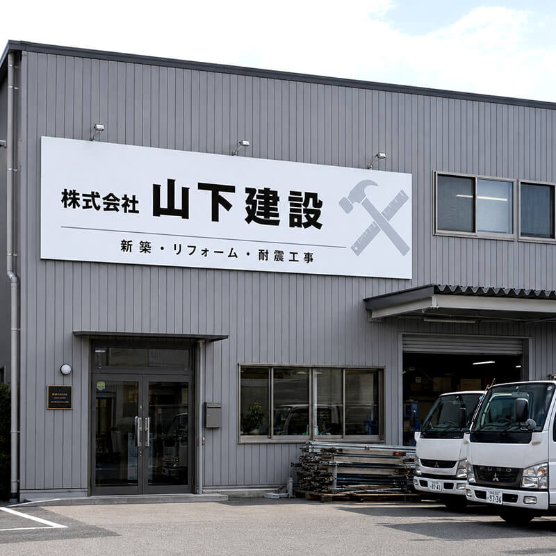 株式会社 山下建設の大型プレート看板。グレーの倉庫外壁