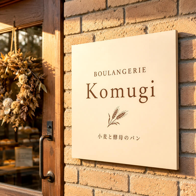 BOULANGERIE Komugiのプレート看板。レンガ壁にクリーム色