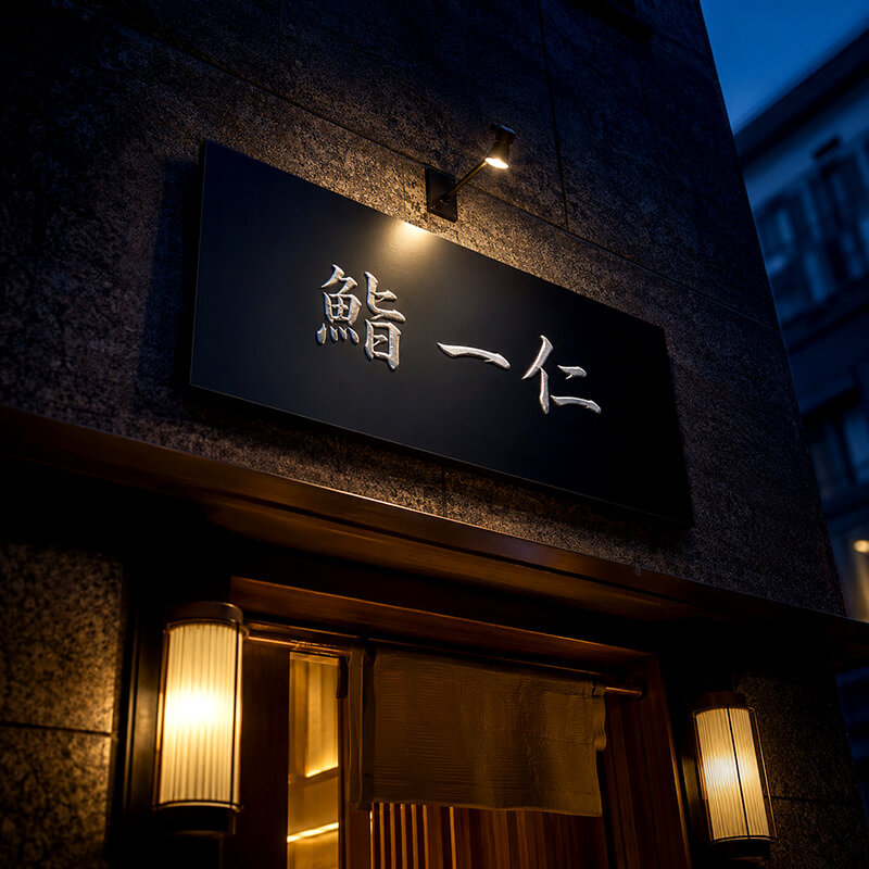 鮨 一仁のプレート看板。夜景の中で黒地に銀色の毛筆書文字