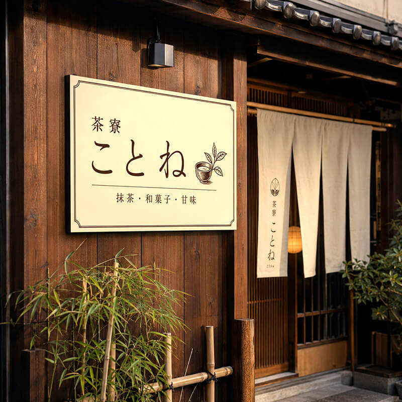茶寮 ことねのプレート看板。和の伝統色を活かしたデザイン