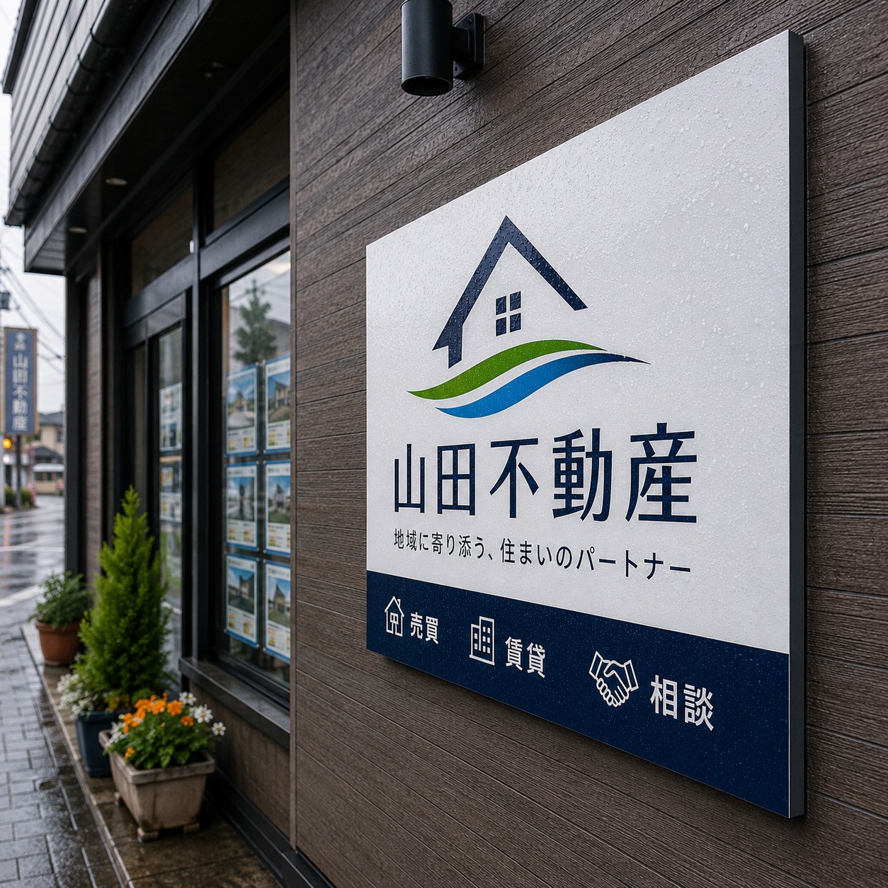 雨上がりに撮影された鉄板焼き店のプレート看板。水滴がついても色褪せず屋外耐久性が高いことを示す事例