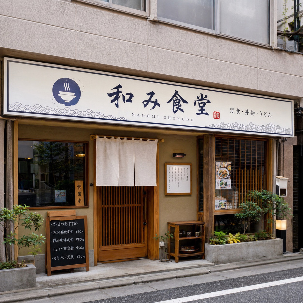 美容室の店舗ファサードに合わせて作られた横長のプレート看板。オーダーサイズで設置場所にぴったり収まることを示す事例